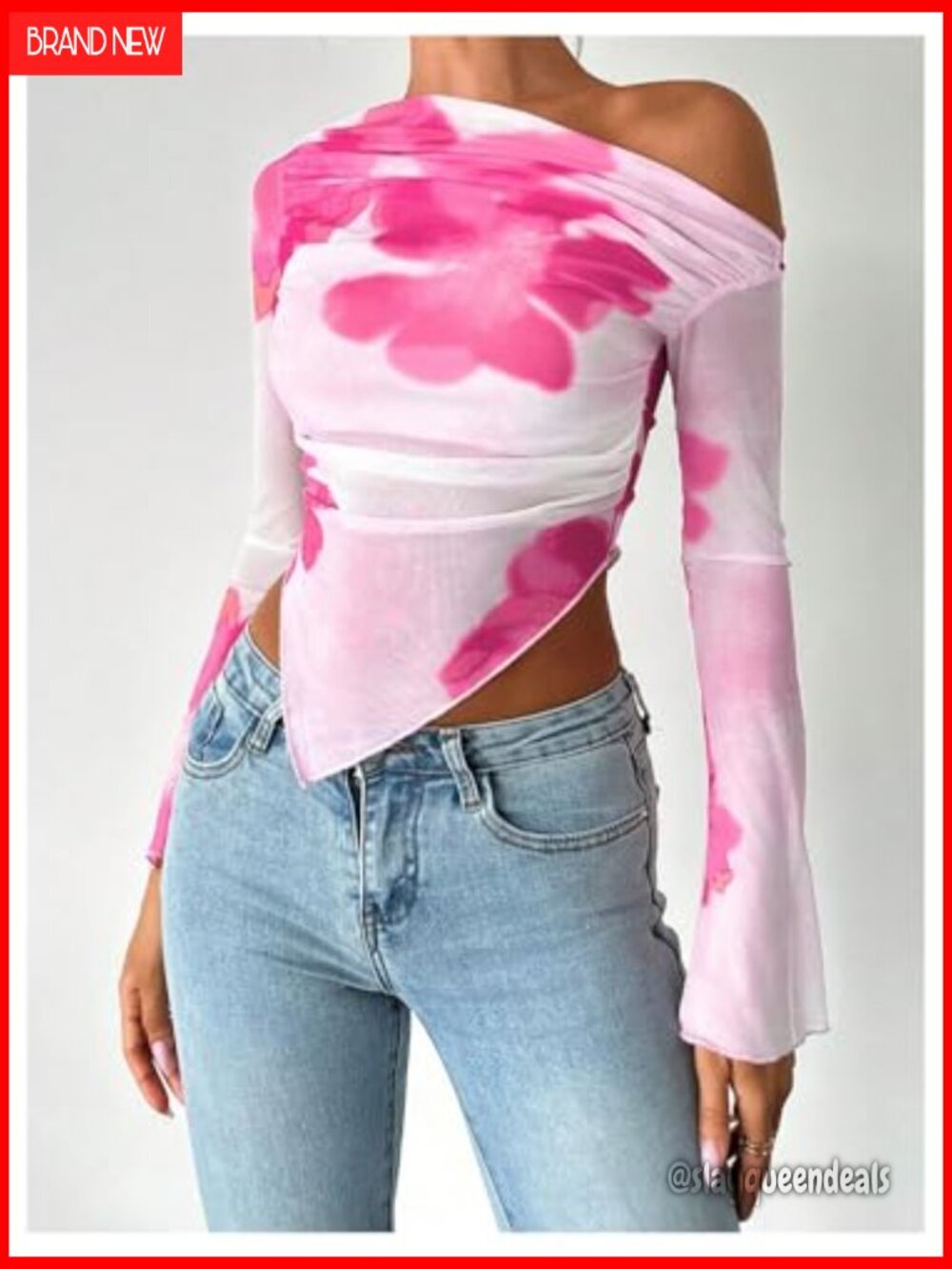 Sheer Mesh Flare Sleeve Off Shoulder Crop Top Slim Fit - Picture 5 of 5